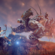 Aloy rides on one machine while firing her bow at another machine.